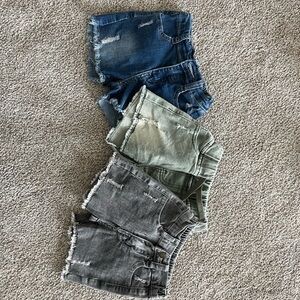 Little Bipsy Distressed Denim Shorts in Blue, Green, and Gray